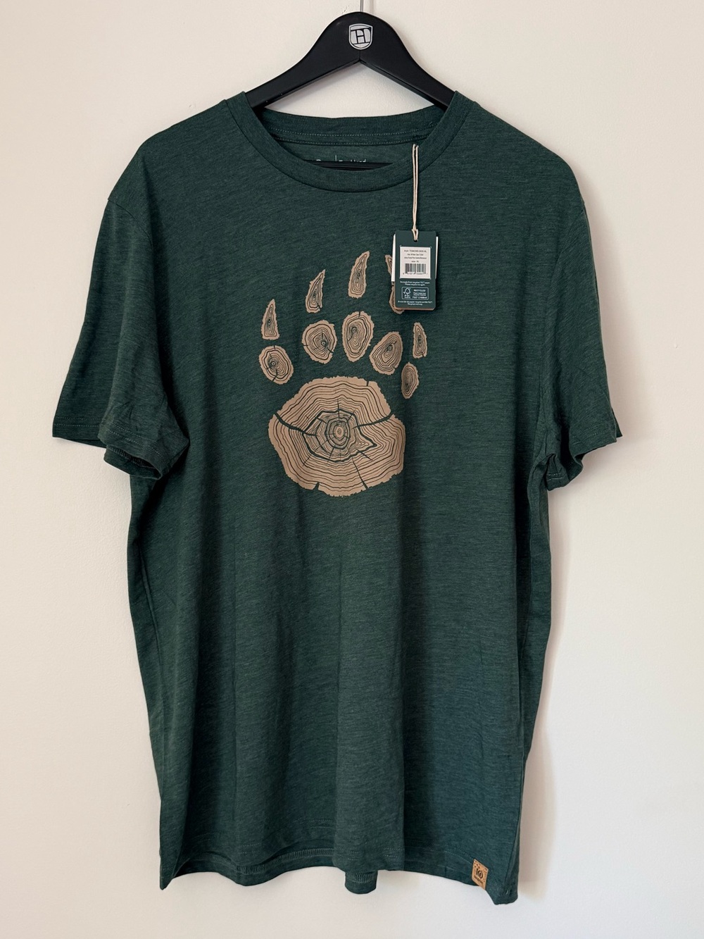 Tentree Forest Green Short Sleeve Tee with Tan Bear Paw Graphic